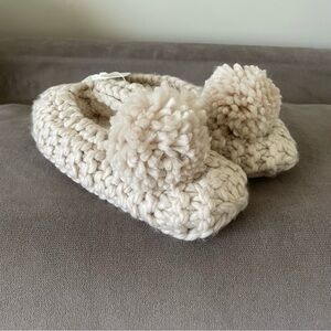 Beige Hand Knit Slippers with Pom Poms